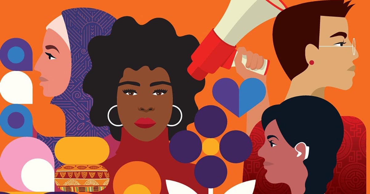 Artwork of four diverse women, one looking at the viewer and three looking to the side